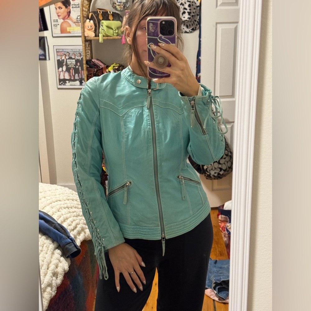 Vintage Scully Women's Teal Leather Jacket - Picture 11 of 12